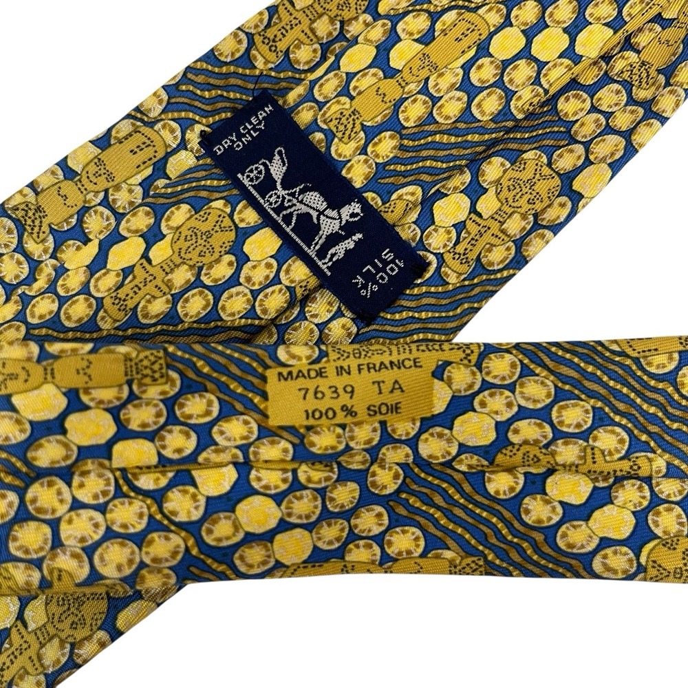 Hermes Men's Tie African Wood Carving Statue Yellow/Blue Silk 7639 TA 3.5" x 58"